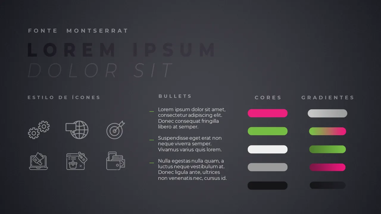 Slide com guidelines que define o uso de tipografia, ícones, bullet points e paleta de cores para a Avacomornami.