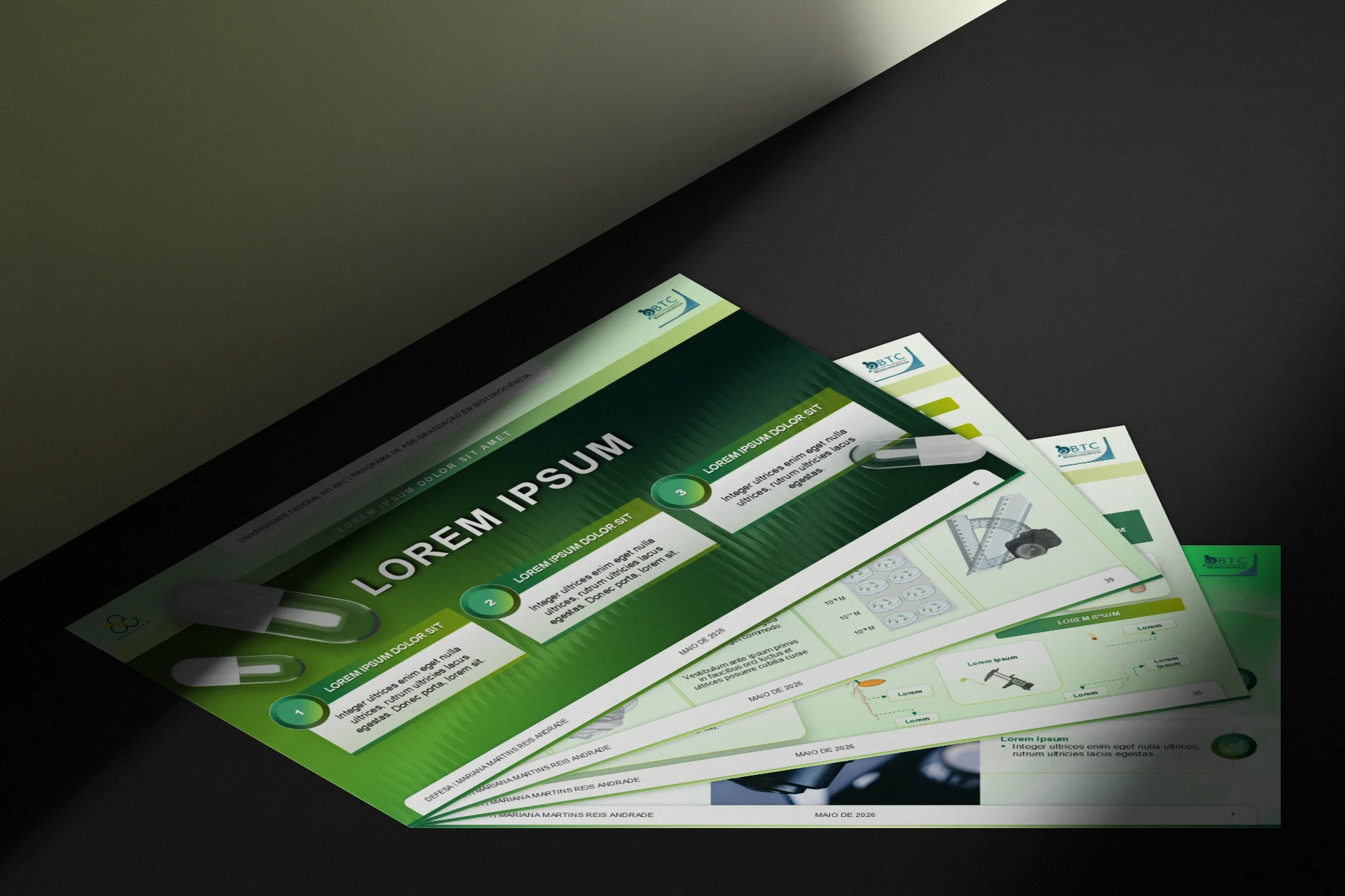 Fanned-out set of PhD defence slides with a professional design in shades of green